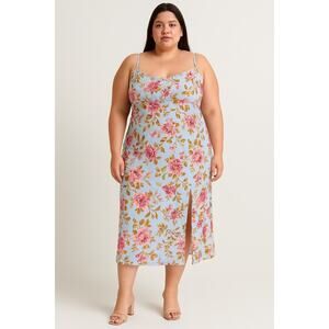 Charlotte Russe XL Blue Floral Satin Midi Slip Dress Cottagecore Wedding Guest